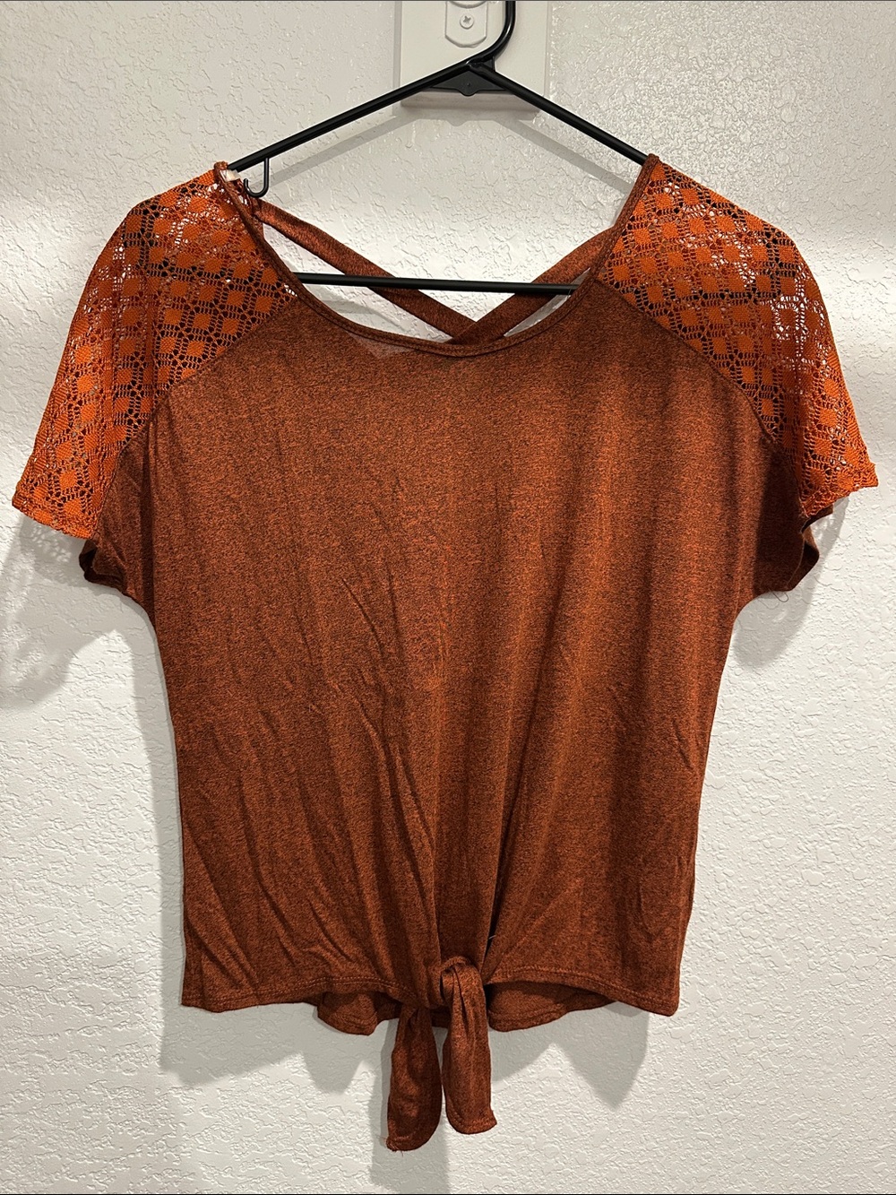 Women’s Rust Orange Tie-Front Top with Lace Sleeves